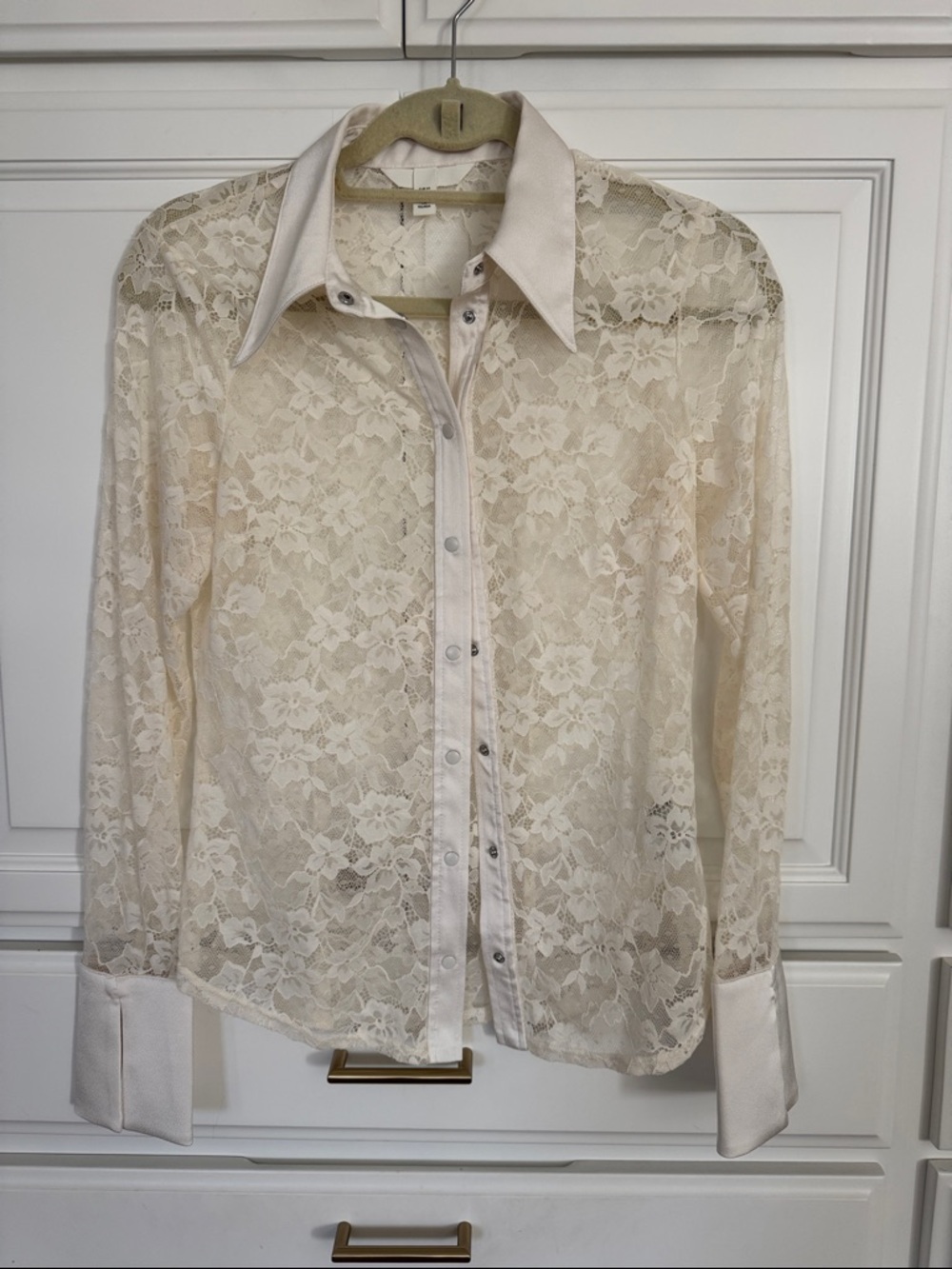 H&M Cream Lace Button-Down Shirt with Satin Trim